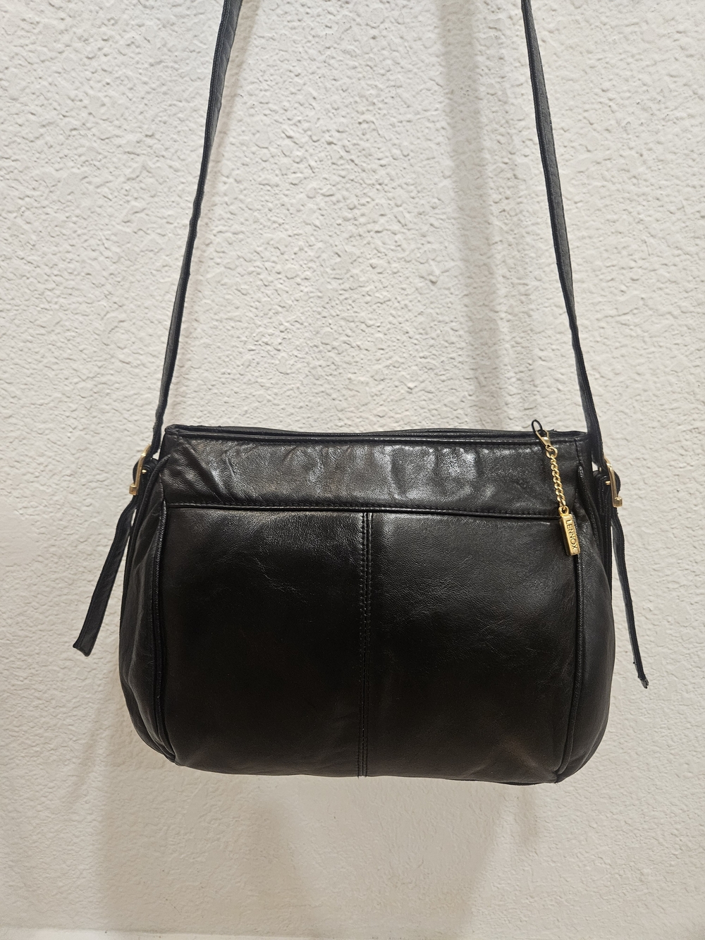 Vintage LENNOX Black Genuine Leather Foldover Shoulder Bag Crossbody Purse